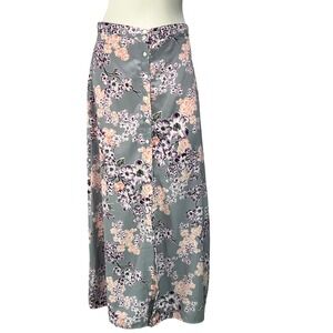 Gypsies & Moondust Maxi Skirt Floral Print Gray Button Front Boho Women's Size L